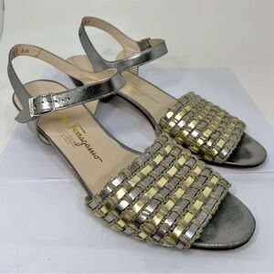 Salvatore Ferragamo Silver & Gold Metallic Sandals Ankle Strap Size 9.5